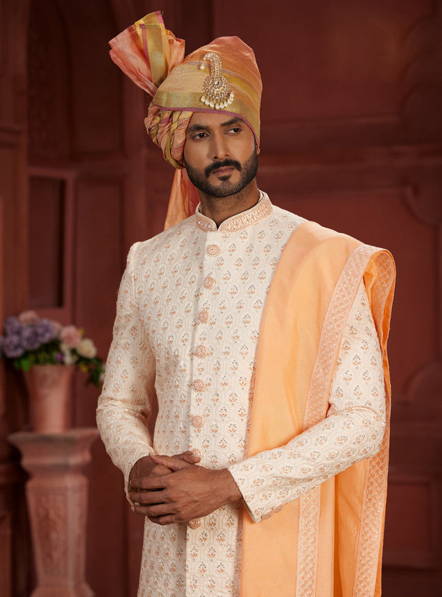 Cream Pure Silk Designer Wedding Sherwani