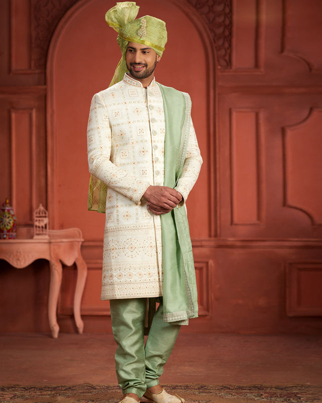 Cream Pure Silk Designer Wedding Sherwani