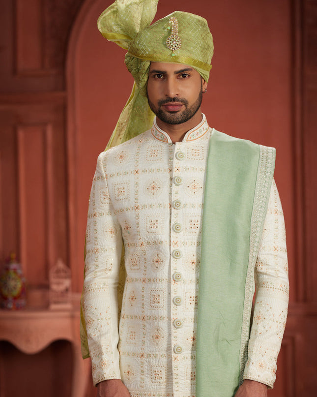Cream Pure Silk Designer Wedding Sherwani