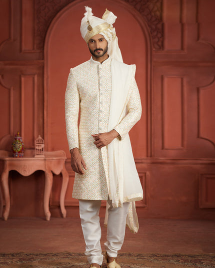 Off White Pure Silk Designer Wedding Sherwani
