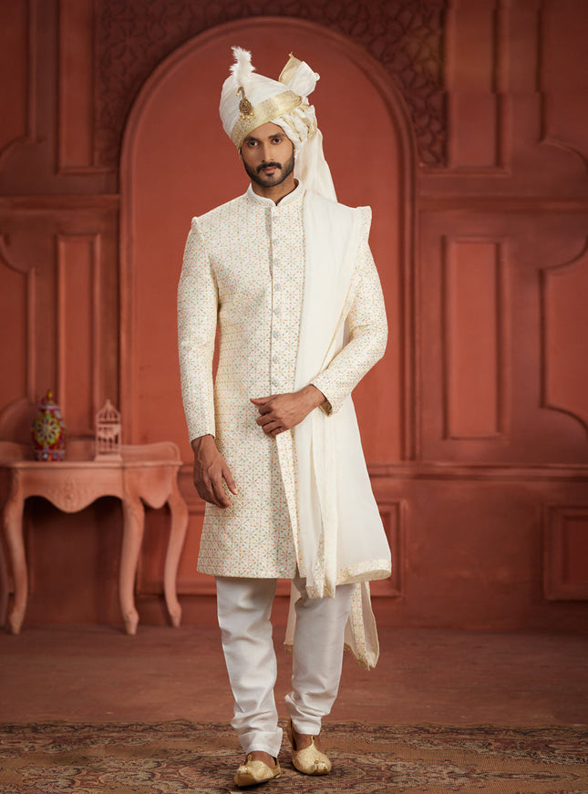 Off White Pure Silk Designer Wedding Sherwani