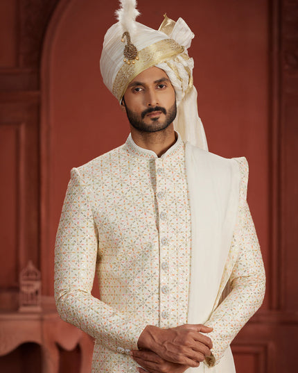 Off White Pure Silk Designer Wedding Sherwani