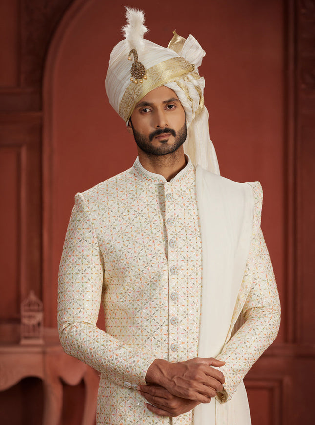 Off White Pure Silk Designer Wedding Sherwani