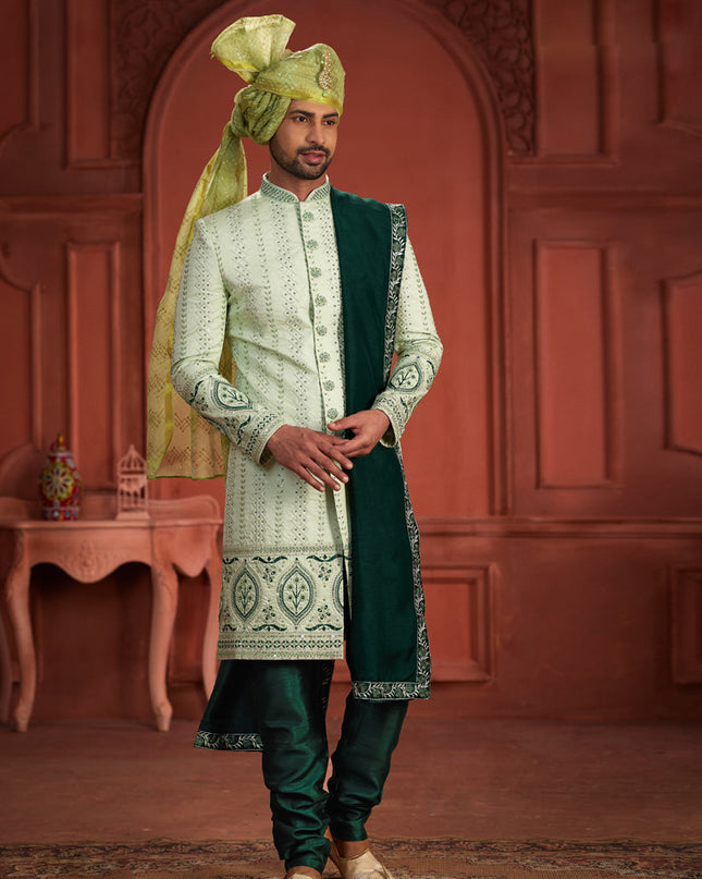 Pastel Green Pure Silk Designer Wedding Sherwani