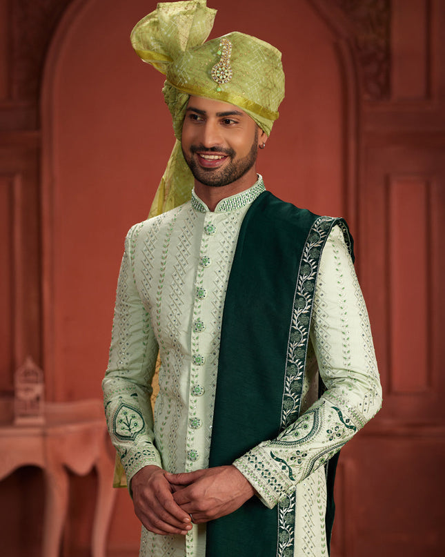 Pastel Green Pure Silk Designer Wedding Sherwani