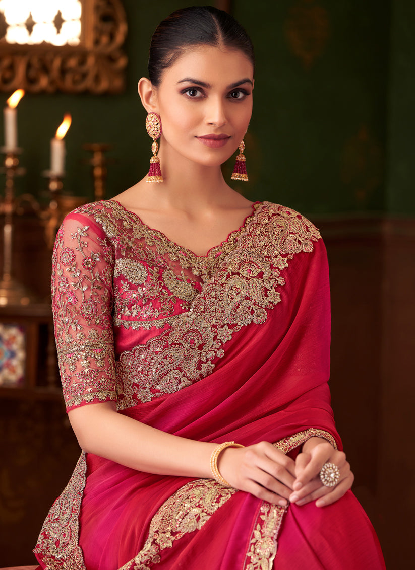 Amazing Gajari Chiffon Embroidered Saree for Wedding