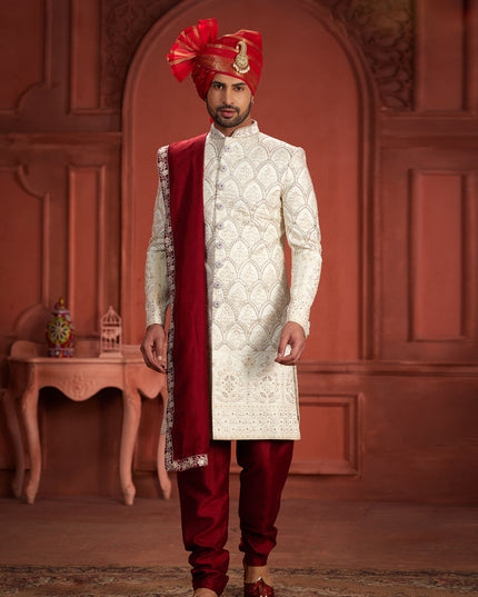 Off White Pure Silk Designer Wedding Sherwani