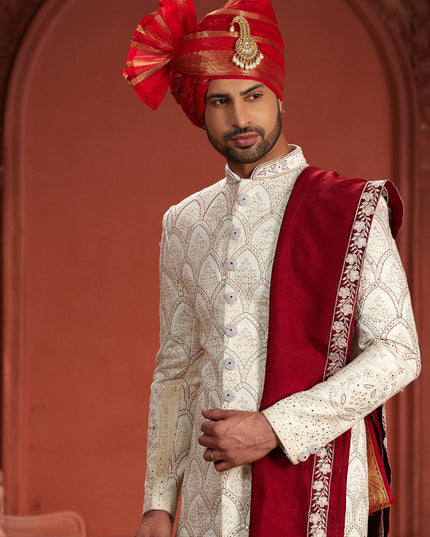 Off White Pure Silk Designer Wedding Sherwani