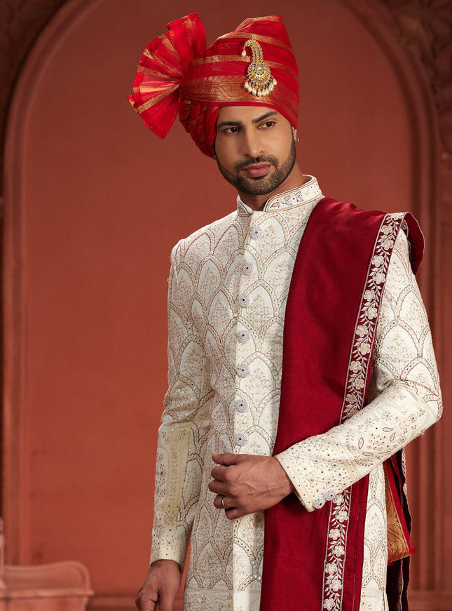 Off White Pure Silk Designer Wedding Sherwani