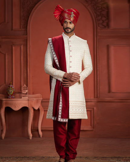 Off White Pure Silk Designer Wedding Sherwani