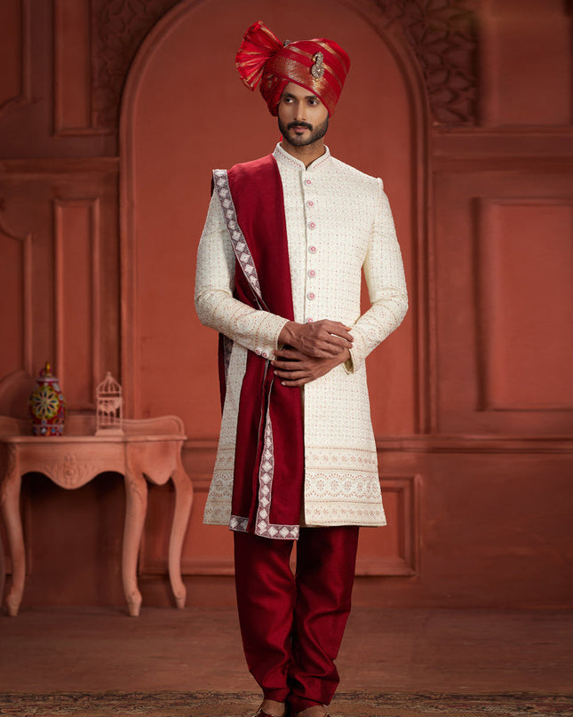Off White Pure Silk Designer Wedding Sherwani