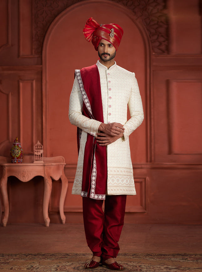 Off White Pure Silk Designer Wedding Sherwani