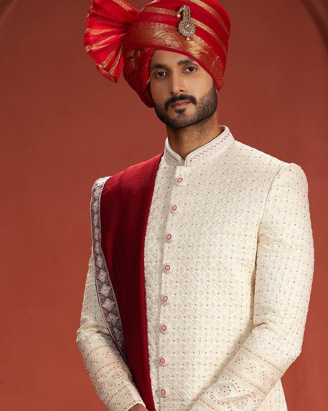 Off White Pure Silk Designer Wedding Sherwani