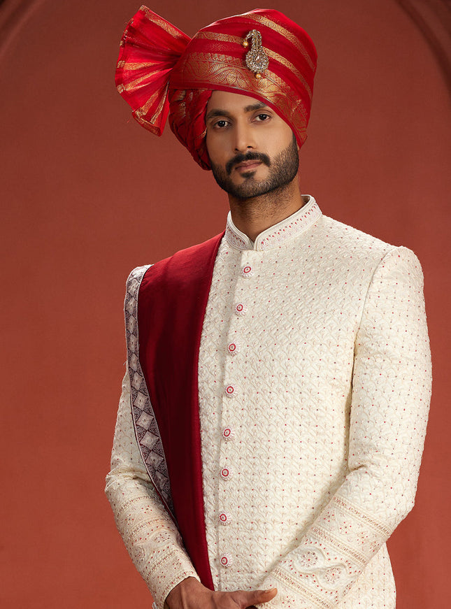 Off White Pure Silk Designer Wedding Sherwani