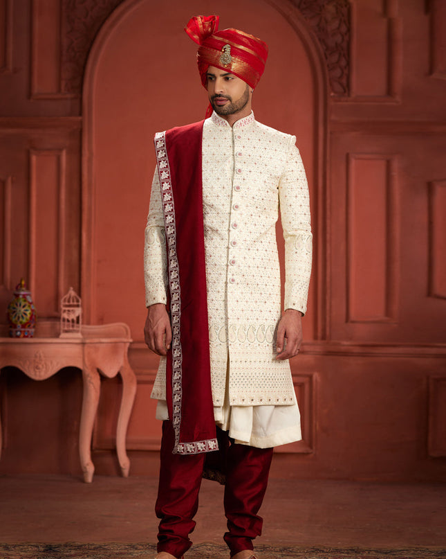 Cream Pure Silk Designer Wedding Sherwani