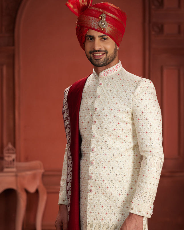 Cream Pure Silk Designer Wedding Sherwani