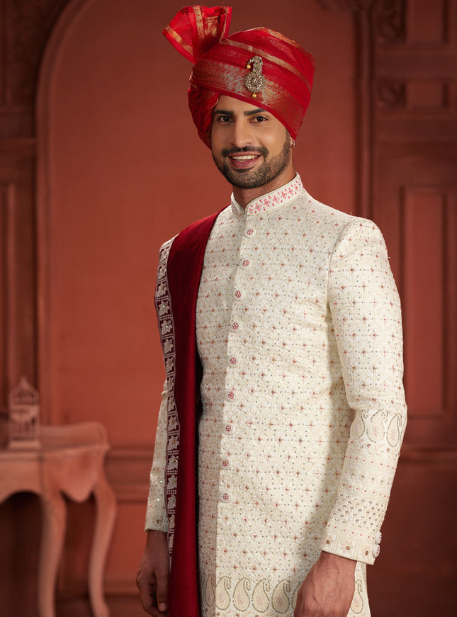 Cream Pure Silk Designer Wedding Sherwani