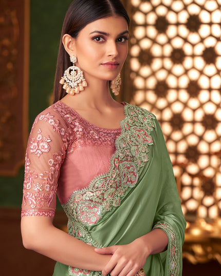 Sweet Pistachio Green Satin Embroidered Saree for Wedding