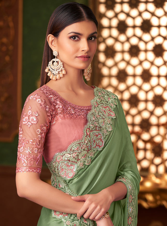 Sweet Pistachio Green Satin Embroidered Saree for Wedding