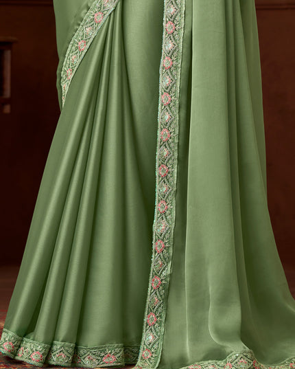 Sweet Pistachio Green Satin Embroidered Saree for Wedding