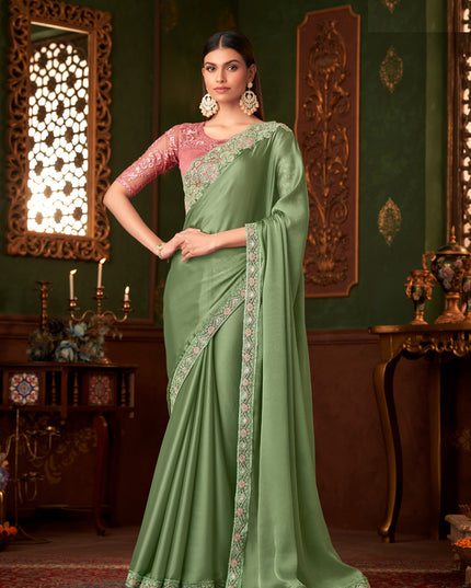 Sweet Pistachio Green Satin Embroidered Saree for Wedding