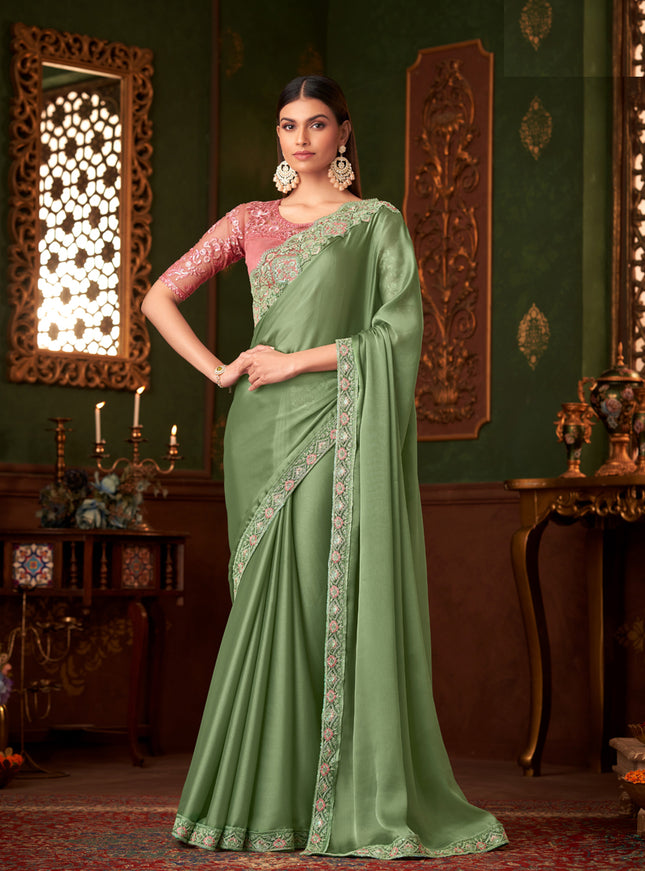 Sweet Pistachio Green Satin Embroidered Saree for Wedding