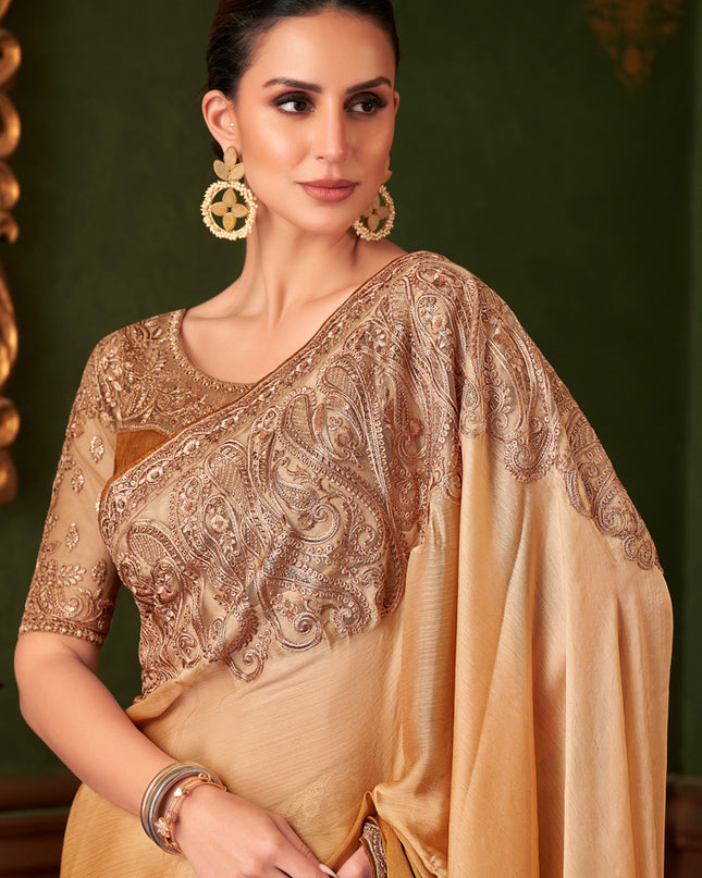 Adorable Ombre Mustard Satin Chiffon Embroidered Saree for Wedding