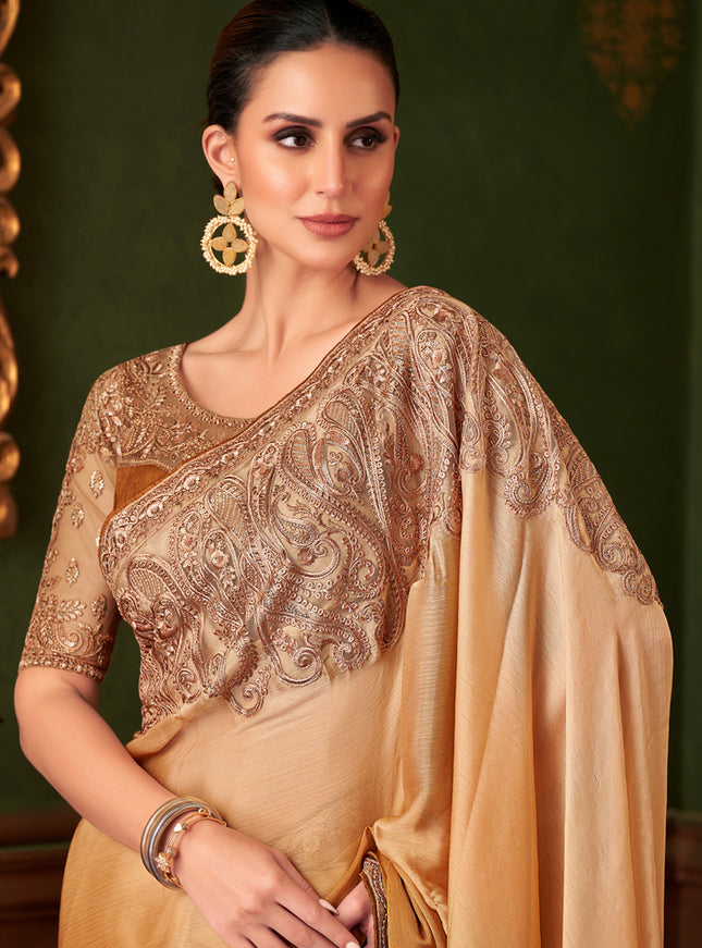 Adorable Ombre Mustard Satin Chiffon Embroidered Saree for Wedding