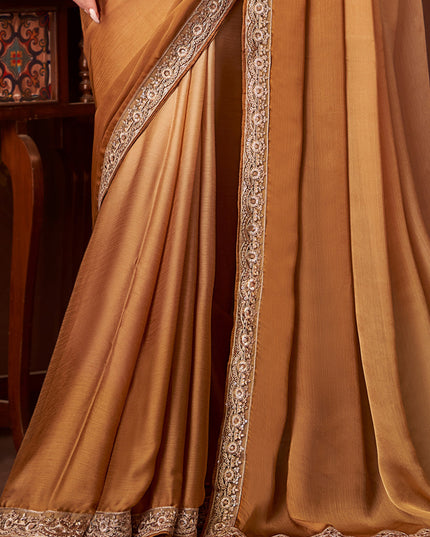 Adorable Ombre Mustard Satin Chiffon Embroidered Saree for Wedding