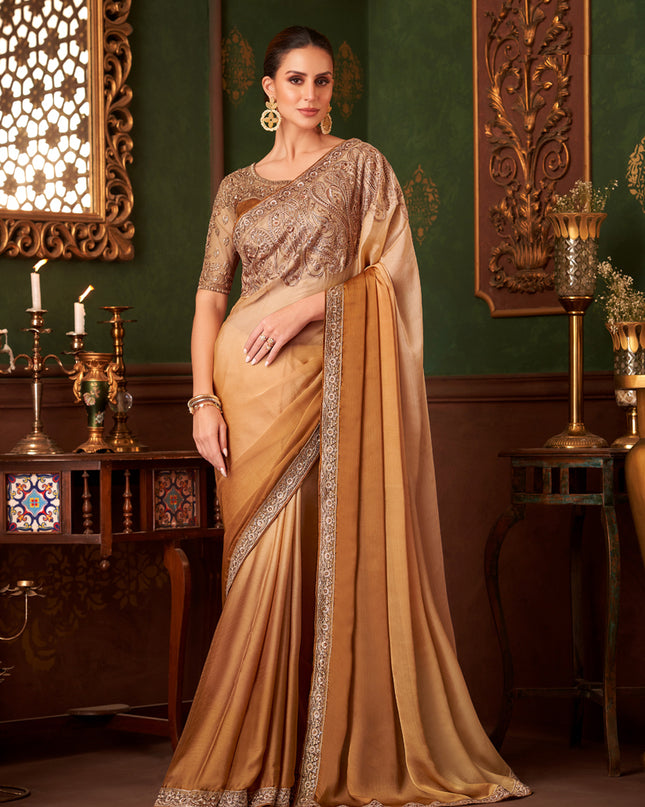 Adorable Ombre Mustard Satin Chiffon Embroidered Saree for Wedding