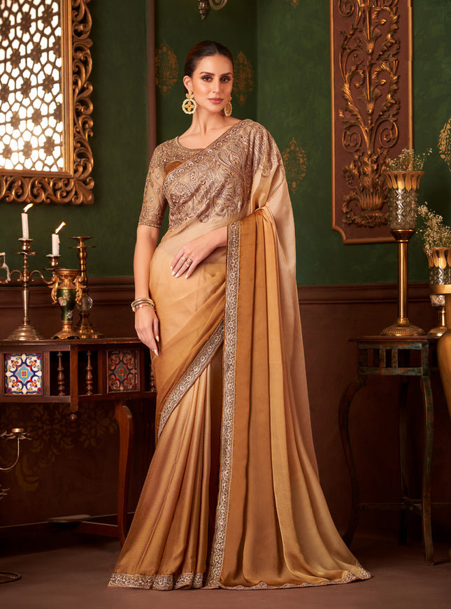 Adorable Ombre Mustard Satin Chiffon Embroidered Saree for Wedding