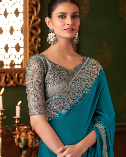 Alluring Peacock Blue Silk Chiffon Embroidered Saree for Wedding