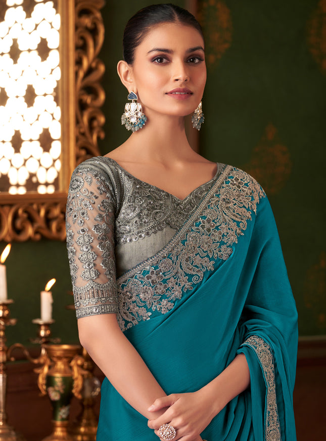 Alluring Peacock Blue Silk Chiffon Embroidered Saree for Wedding