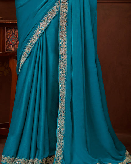 Alluring Peacock Blue Silk Chiffon Embroidered Saree for Wedding