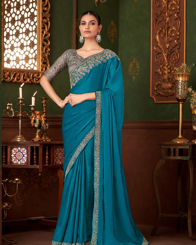 Alluring Peacock Blue Silk Chiffon Embroidered Saree for Wedding