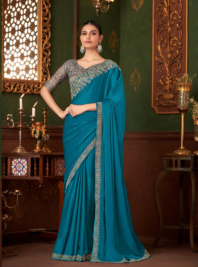 Alluring Peacock Blue Silk Chiffon Embroidered Saree for Wedding
