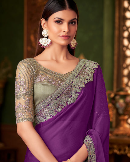Mesmerizing Purple Silk Chiffon Embroidered Saree for Wedding