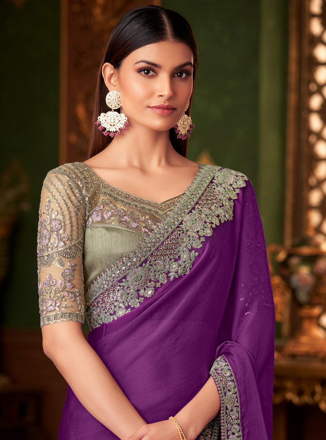 Mesmerizing Purple Silk Chiffon Embroidered Saree for Wedding