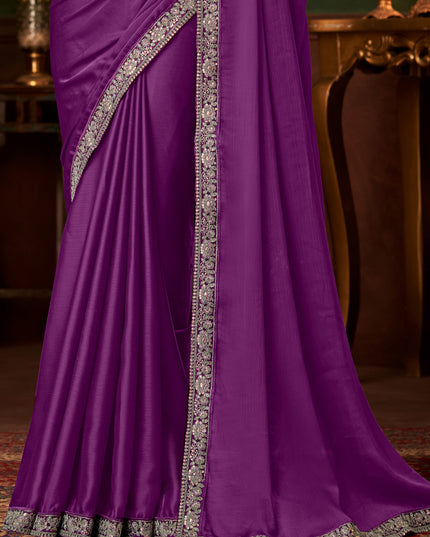 Mesmerizing Purple Silk Chiffon Embroidered Saree for Wedding