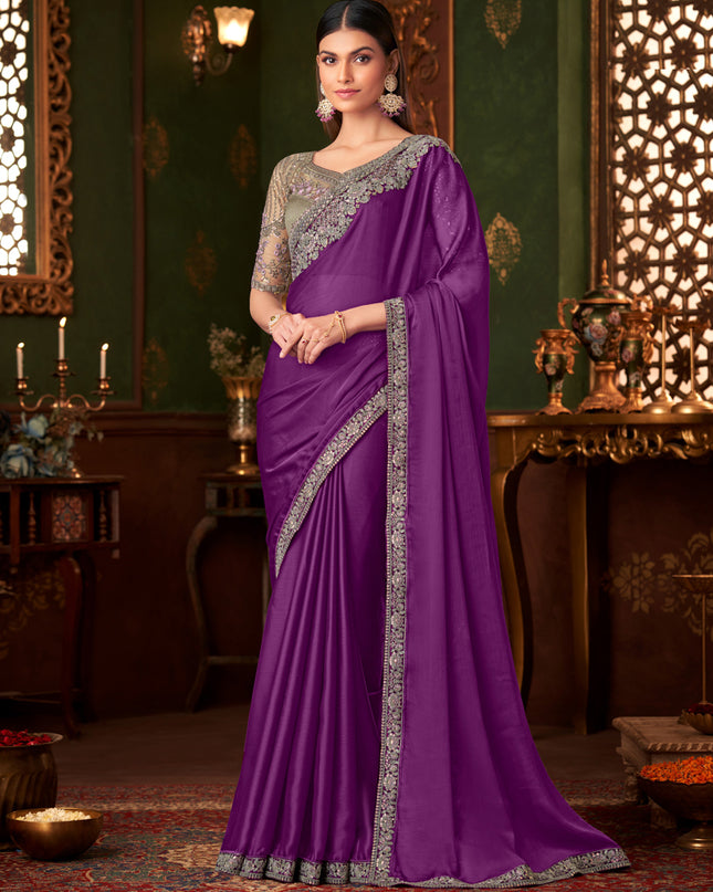 Mesmerizing Purple Silk Chiffon Embroidered Saree for Wedding
