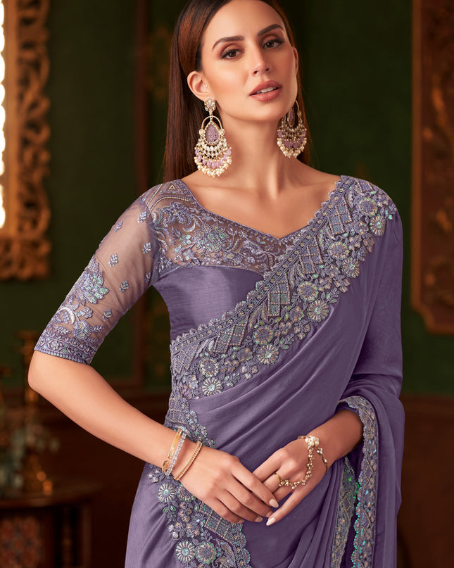 Fascinating Mauve Silk Chiffon Embroidered Saree for Wedding