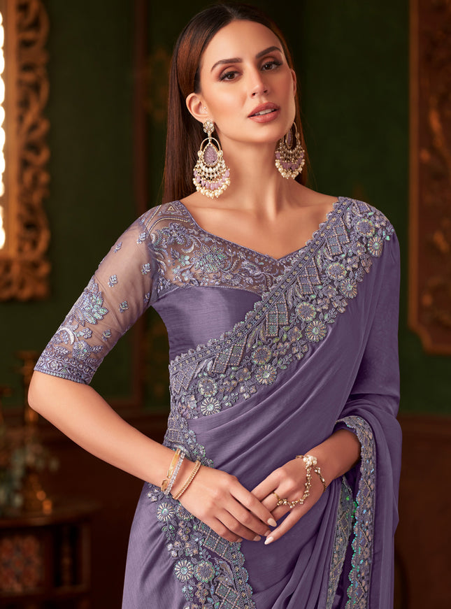 Fascinating Mauve Silk Chiffon Embroidered Saree for Wedding