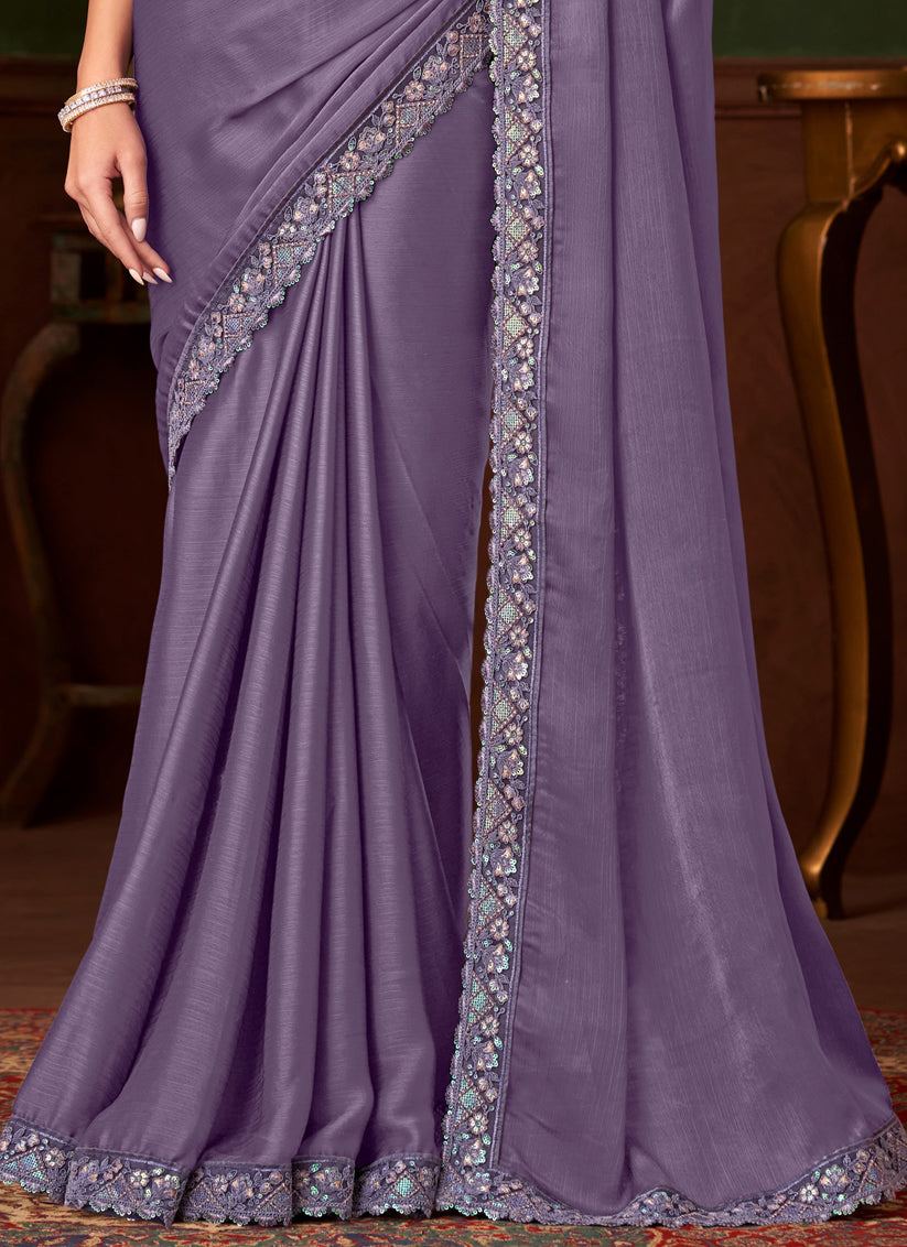 Fascinating Mauve Silk Chiffon Embroidered Saree for Wedding