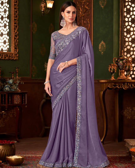 Fascinating Mauve Silk Chiffon Embroidered Saree for Wedding