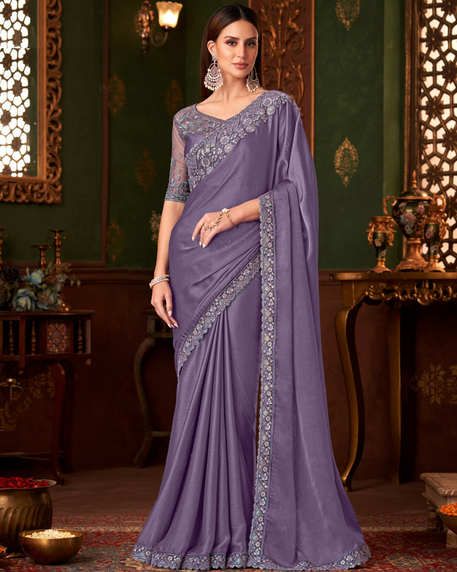 Fascinating Mauve Silk Chiffon Embroidered Saree for Wedding