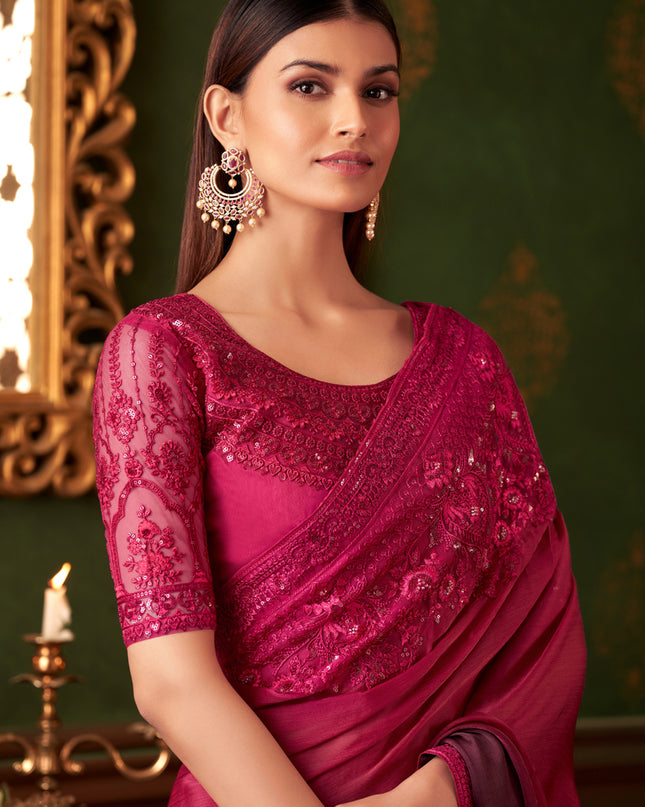 Elegant Ombre Wine Satin Chiffon Embroidered Saree for Wedding