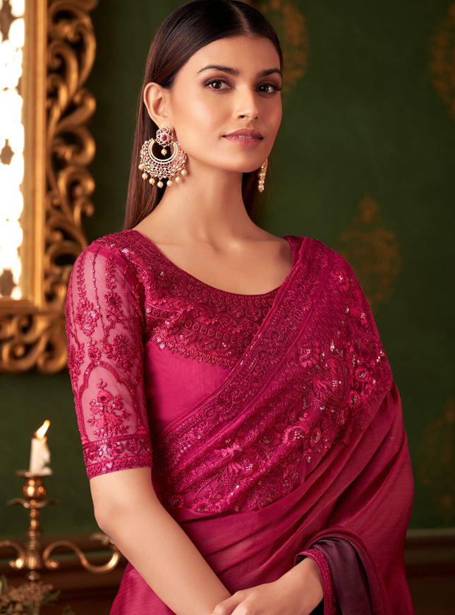 Elegant Ombre Wine Satin Chiffon Embroidered Saree for Wedding