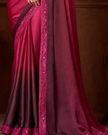Elegant Ombre Wine Satin Chiffon Embroidered Saree for Wedding