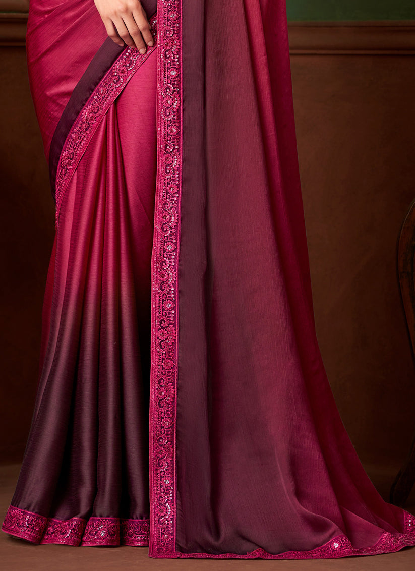 Elegant Ombre Wine Satin Chiffon Embroidered Saree for Wedding