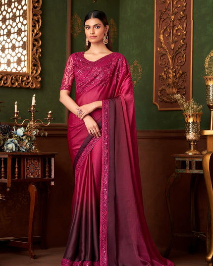 Elegant Ombre Wine Satin Chiffon Embroidered Saree for Wedding